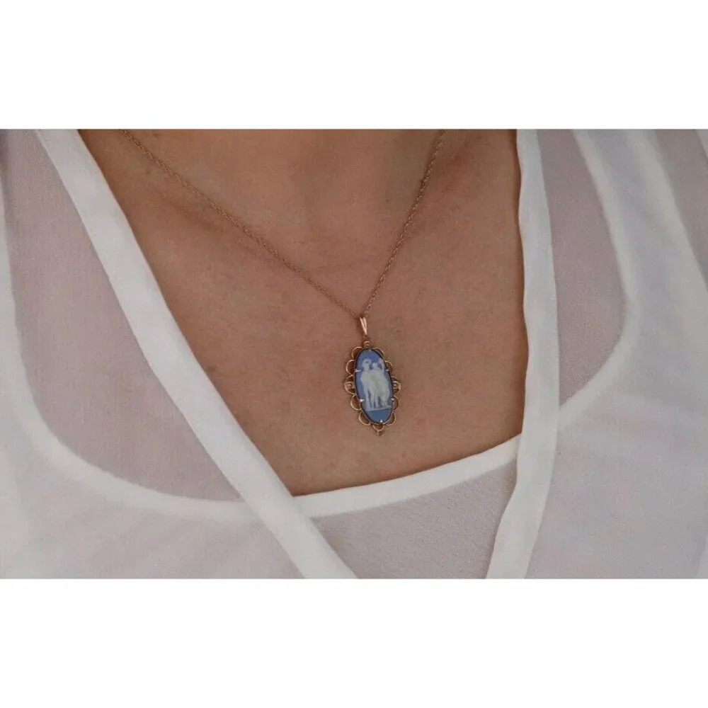 Pendant Only 10k Yellow Gold Blue Cameo Wedgewood Jasperware Seed Pearl Pendant - Picture 2 of 4